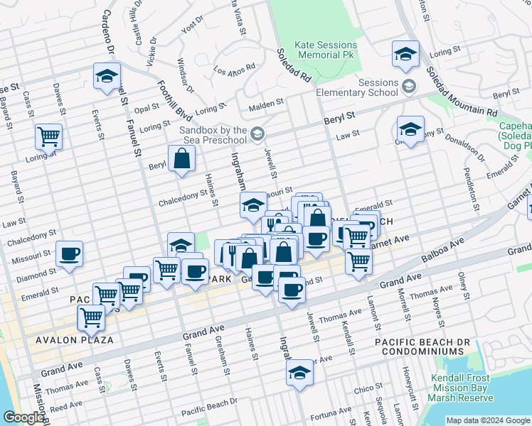map of restaurants, bars, coffee shops, grocery stores, and more near 1623 Missouri Street in San Diego