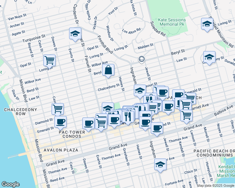 map of restaurants, bars, coffee shops, grocery stores, and more near 1463 Chalcedony Street in San Diego