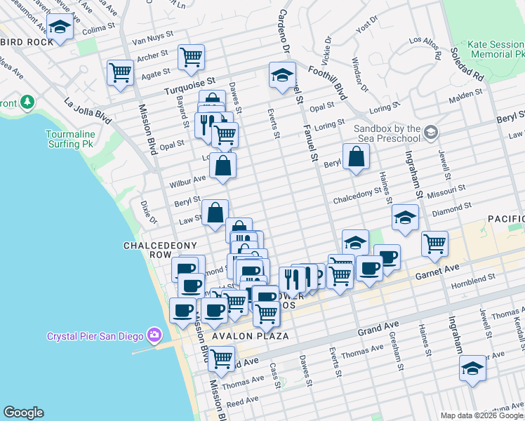 map of restaurants, bars, coffee shops, grocery stores, and more near 1076 Law Street in San Diego
