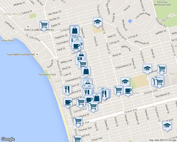 map of restaurants, bars, coffee shops, grocery stores, and more near 1076 Law Street in San Diego