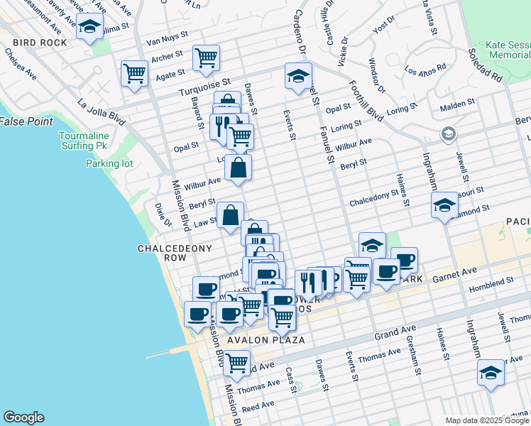 map of restaurants, bars, coffee shops, grocery stores, and more near 1076 Law Street in San Diego
