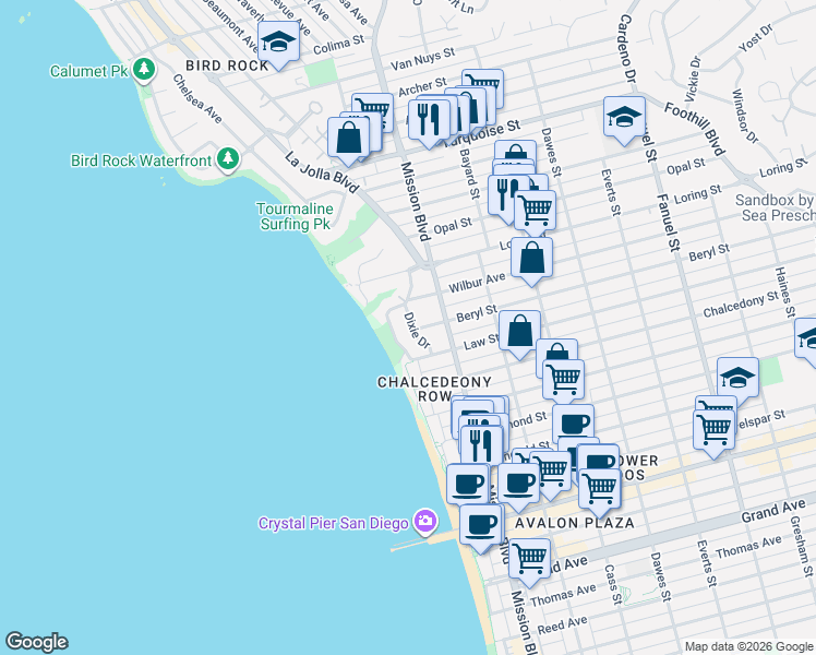 map of restaurants, bars, coffee shops, grocery stores, and more near 4957 Ocean Boulevard in San Diego
