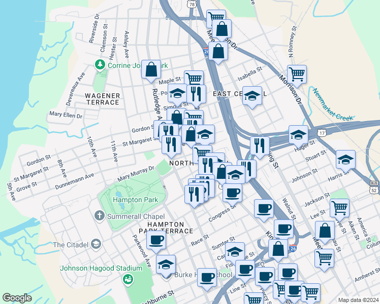 map of restaurants, bars, coffee shops, grocery stores, and more near in Charleston