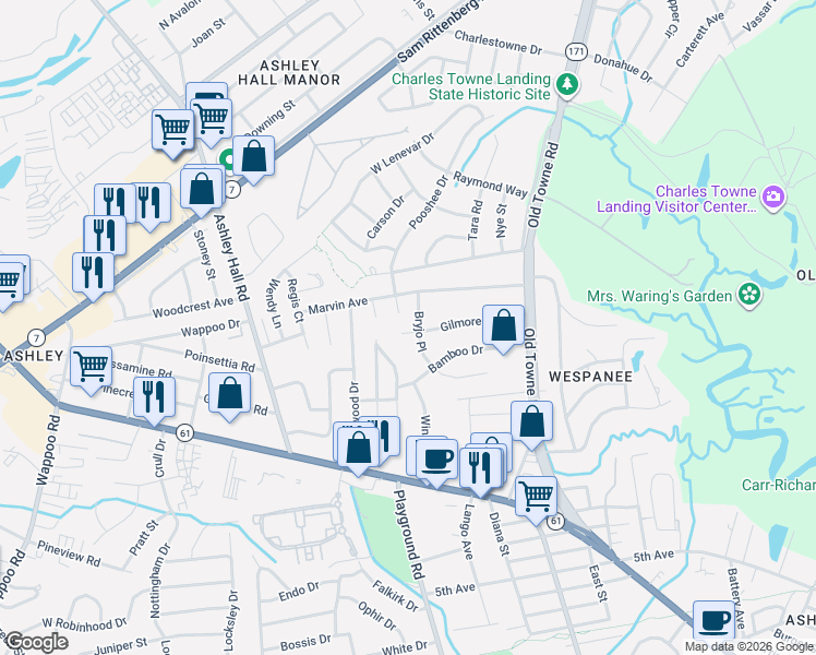 map of restaurants, bars, coffee shops, grocery stores, and more near 1345 Bryjo Place in Charleston
