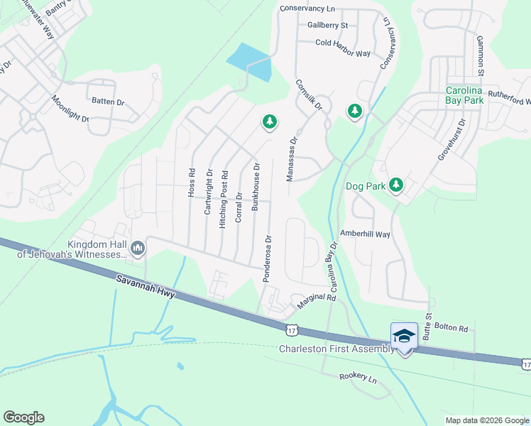 map of restaurants, bars, coffee shops, grocery stores, and more near 715 Ponderosa Drive in Charleston