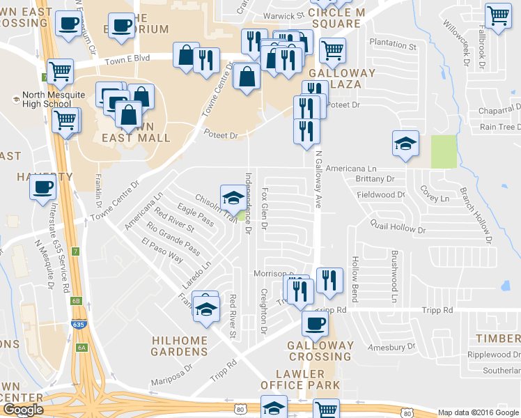 map of restaurants, bars, coffee shops, grocery stores, and more near 2801 Foxglen Drive in Mesquite
