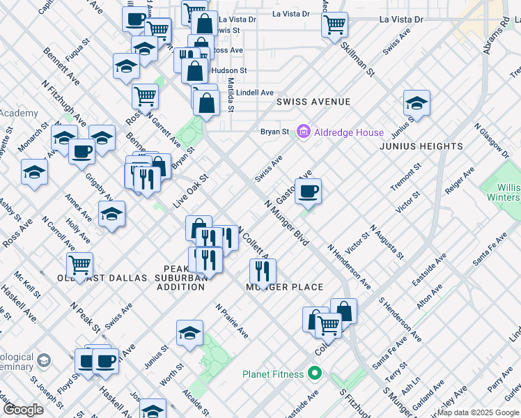 map of restaurants, bars, coffee shops, grocery stores, and more near 107 North Munger Boulevard in Dallas