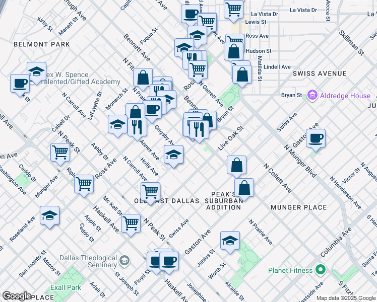map of restaurants, bars, coffee shops, grocery stores, and more near 4823 Bryan Street in Dallas