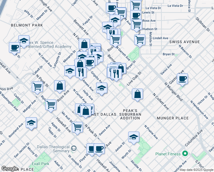 map of restaurants, bars, coffee shops, grocery stores, and more near 4710 Virginia Avenue in Dallas