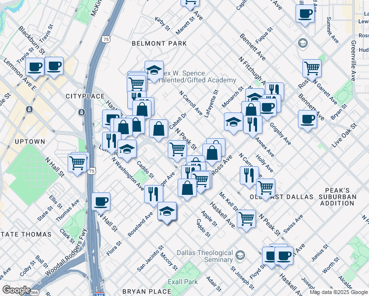 map of restaurants, bars, coffee shops, grocery stores, and more near 1920 North Peak Street in Dallas