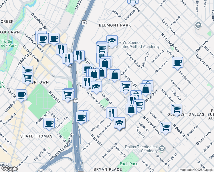 map of restaurants, bars, coffee shops, grocery stores, and more near 2300 Lemmon Avenue in Dallas