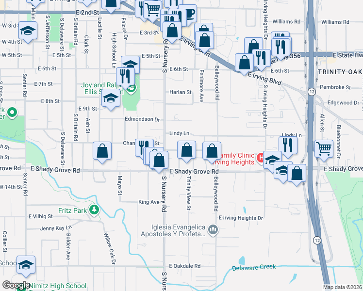 map of restaurants, bars, coffee shops, grocery stores, and more near 1104 Lindy Lane in Irving