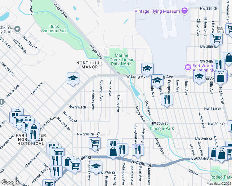 map of restaurants, bars, coffee shops, grocery stores, and more near 3204 Prairie Avenue in Fort Worth