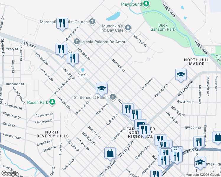 map of restaurants, bars, coffee shops, grocery stores, and more near 3014 Northwest 28th Street in Fort Worth