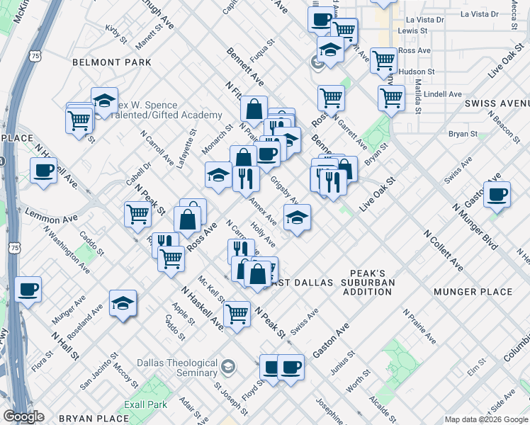 map of restaurants, bars, coffee shops, grocery stores, and more near 1600 Annex Avenue in Dallas