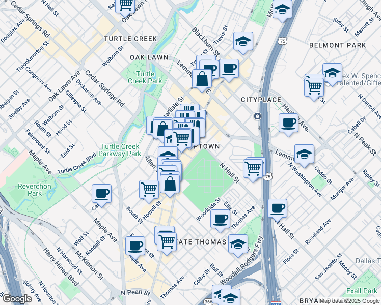 map of restaurants, bars, coffee shops, grocery stores, and more near 3220 McKinney Avenue in Dallas
