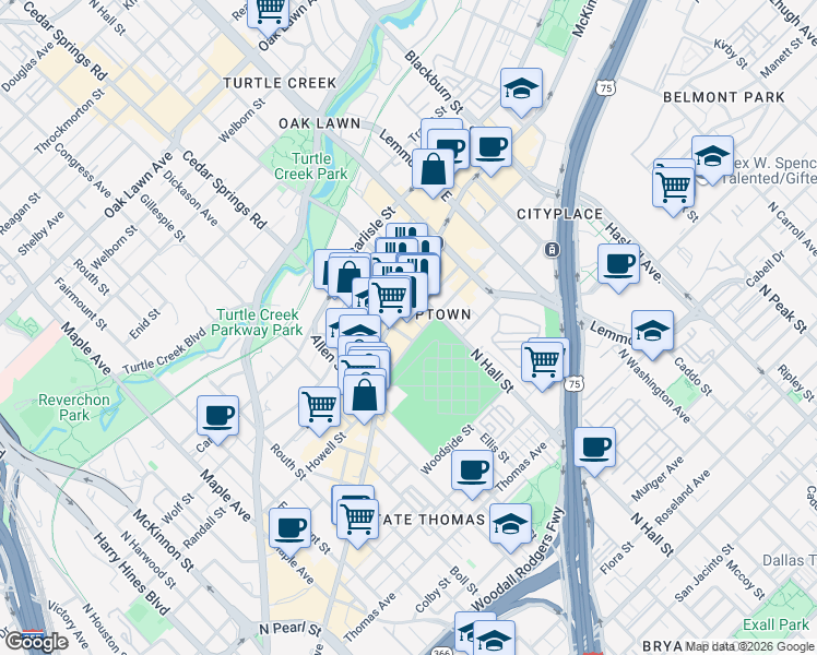map of restaurants, bars, coffee shops, grocery stores, and more near 3200 McKinney Avenue in Dallas