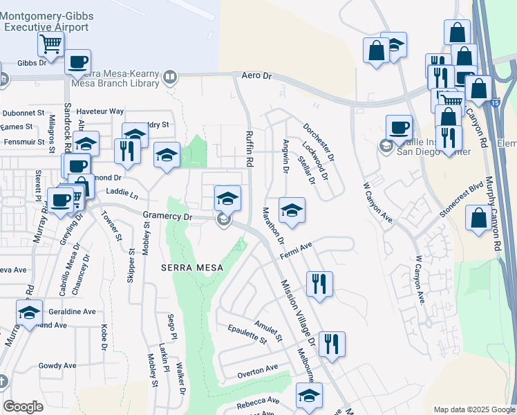 map of restaurants, bars, coffee shops, grocery stores, and more near 9352 Angwin Place in San Diego