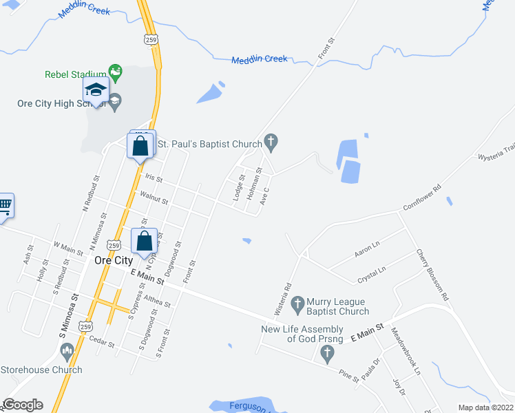 map of restaurants, bars, coffee shops, grocery stores, and more near 101 Iris Street in Ore City