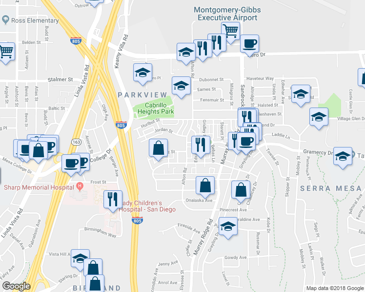 map of restaurants, bars, coffee shops, grocery stores, and more near 3292 Afton Road in San Diego