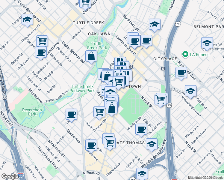 map of restaurants, bars, coffee shops, grocery stores, and more near 3100 Cole Avenue in Dallas