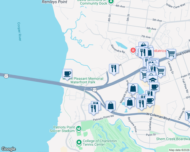 map of restaurants, bars, coffee shops, grocery stores, and more near Cooper River Drive in Mount Pleasant