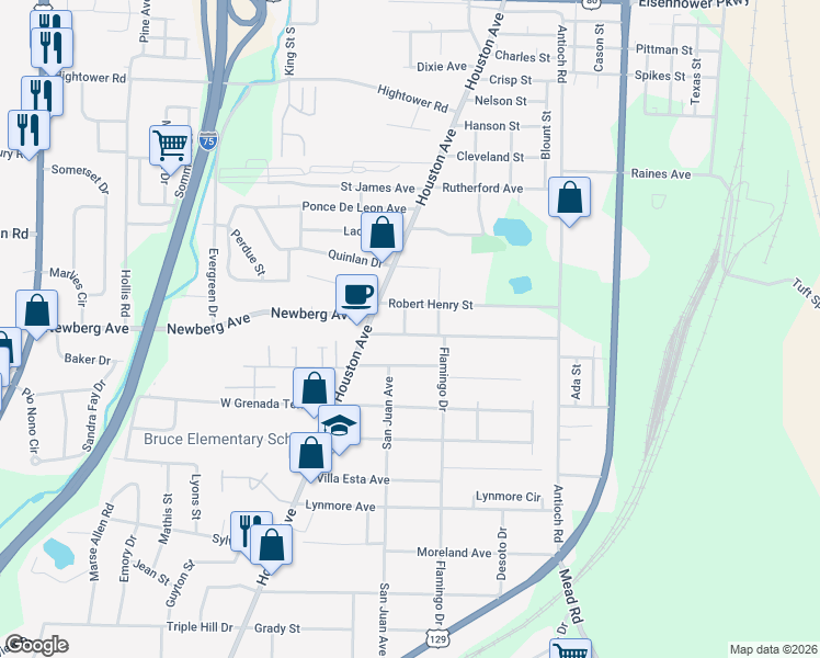 map of restaurants, bars, coffee shops, grocery stores, and more near 660 Robert Henry Street in Macon