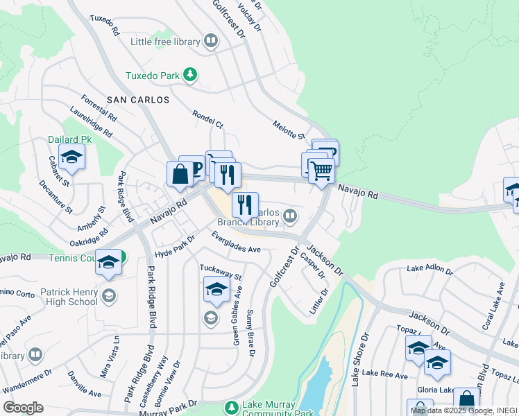 map of restaurants, bars, coffee shops, grocery stores, and more near 6877 Caminito Mundo in San Diego