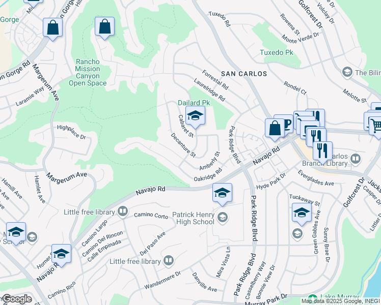 map of restaurants, bars, coffee shops, grocery stores, and more near Cibola Road & Decanture Street in San Diego