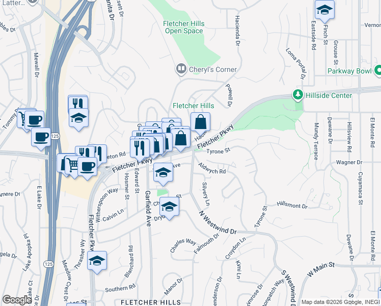 map of restaurants, bars, coffee shops, grocery stores, and more near 2201 Fletcher Parkway in El Cajon