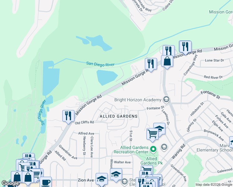 map of restaurants, bars, coffee shops, grocery stores, and more near 7345 Mission Gorge Road in San Diego