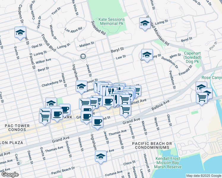 map of restaurants, bars, coffee shops, grocery stores, and more near in San Diego