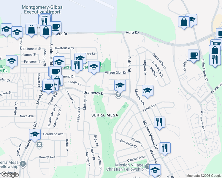 map of restaurants, bars, coffee shops, grocery stores, and more near 9072 Gramercy Drive in San Diego
