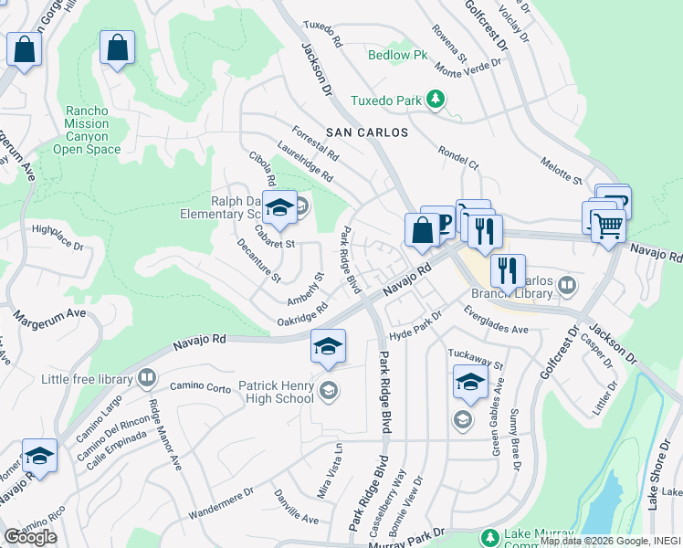 map of restaurants, bars, coffee shops, grocery stores, and more near 7428 Park Ridge Boulevard in San Diego