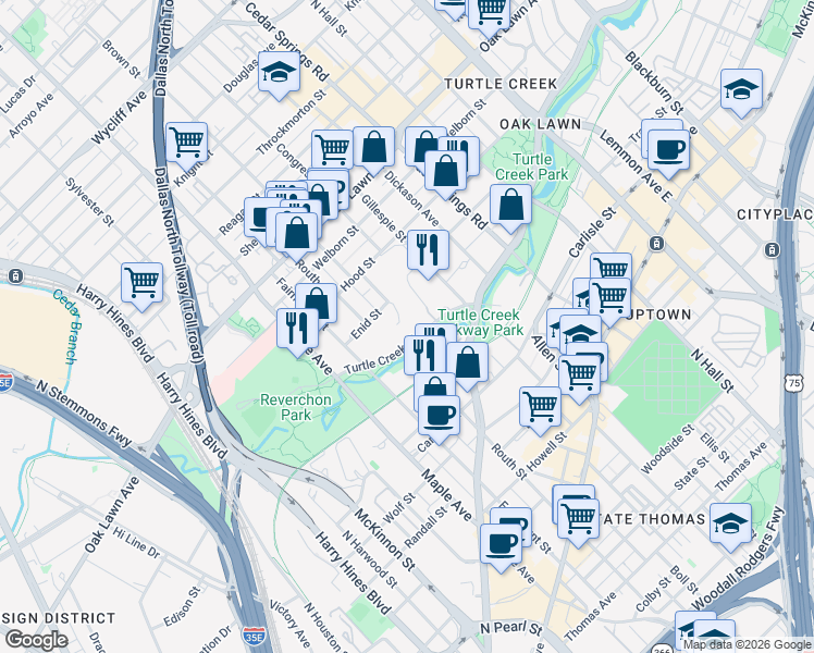 map of restaurants, bars, coffee shops, grocery stores, and more near 2727 Turtle Creek Boulevard in Dallas