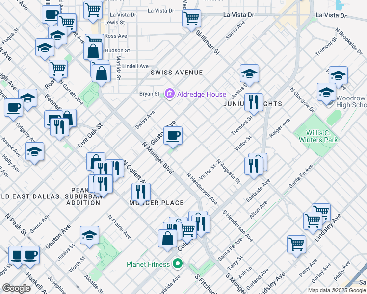 map of restaurants, bars, coffee shops, grocery stores, and more near 5330 Junius Street in Dallas