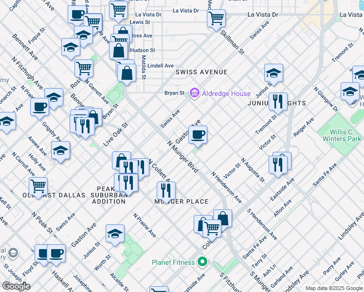 map of restaurants, bars, coffee shops, grocery stores, and more near 5200 Gaston Avenue in Dallas