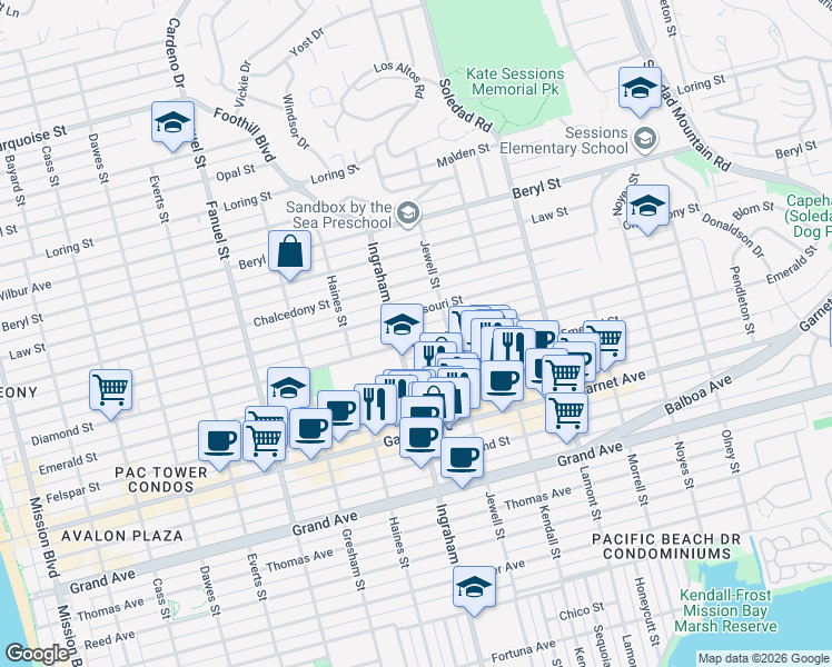 map of restaurants, bars, coffee shops, grocery stores, and more near 1630 Diamond Street in San Diego