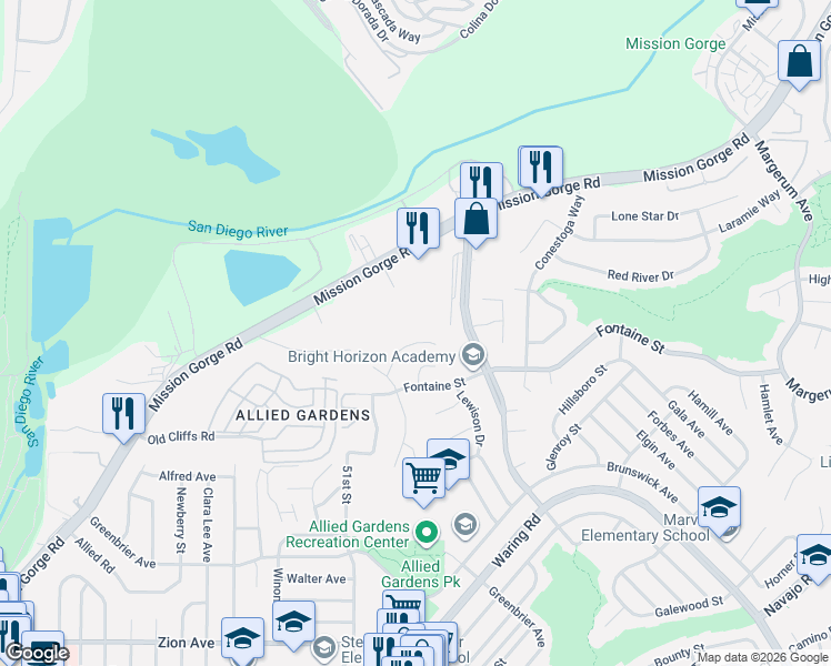 map of restaurants, bars, coffee shops, grocery stores, and more near 7411 Katelyn Court in San Diego