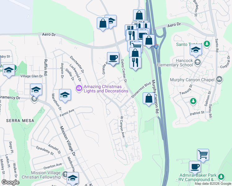 map of restaurants, bars, coffee shops, grocery stores, and more near 9709 West Canyon Terrace in San Diego