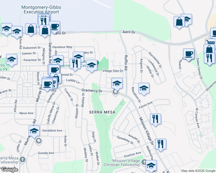 map of restaurants, bars, coffee shops, grocery stores, and more near 9072 Gramercy Drive in San Diego