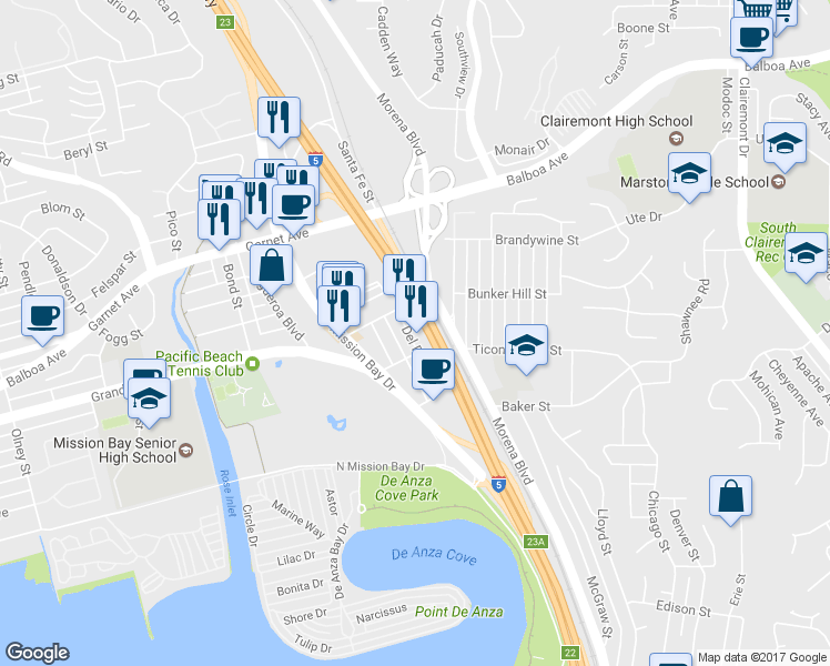 map of restaurants, bars, coffee shops, grocery stores, and more near 3600 Morena Boulevard in San Diego
