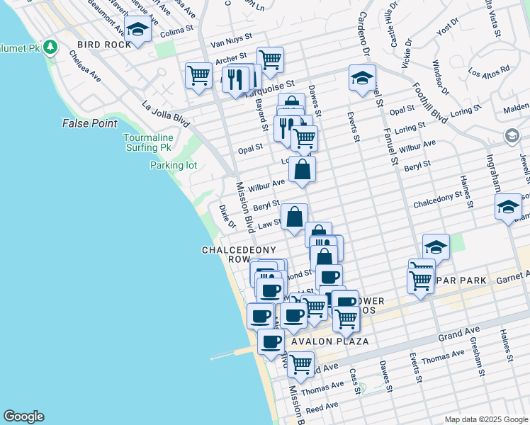 map of restaurants, bars, coffee shops, grocery stores, and more near 844 Beryl Street in San Diego