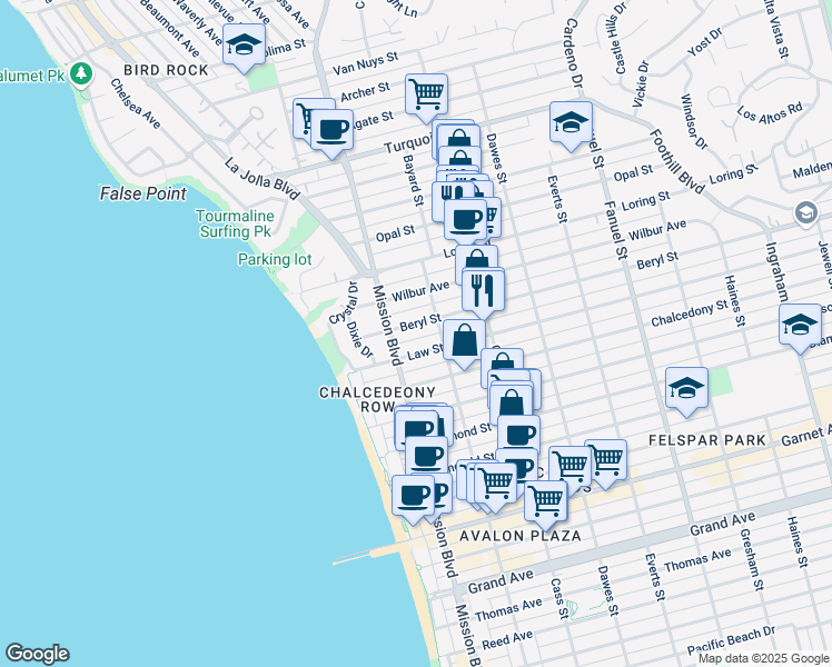 map of restaurants, bars, coffee shops, grocery stores, and more near 844 Beryl Street in San Diego