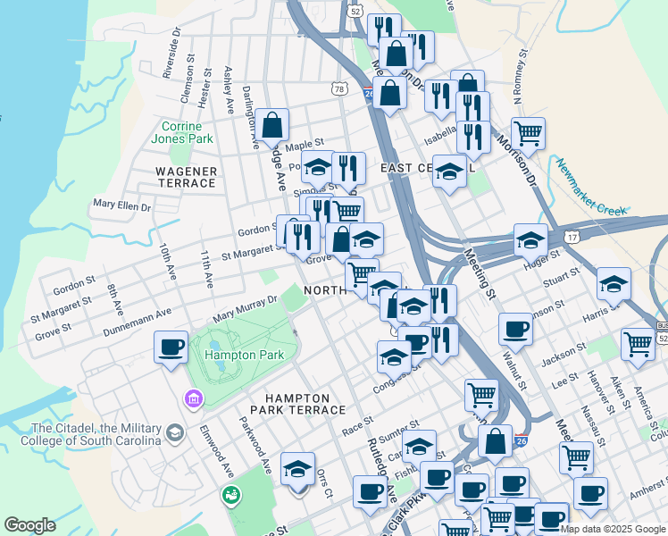map of restaurants, bars, coffee shops, grocery stores, and more near in Charleston