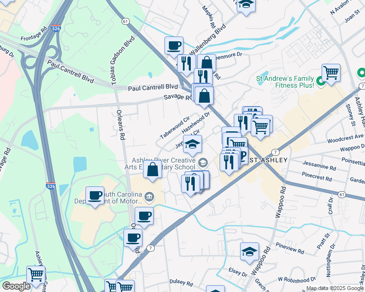 map of restaurants, bars, coffee shops, grocery stores, and more near 1849 Jaywood Circle in Charleston