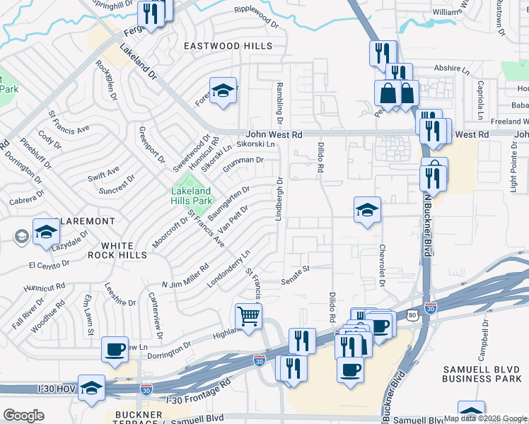 map of restaurants, bars, coffee shops, grocery stores, and more near 8533 Van Pelt Drive in Dallas