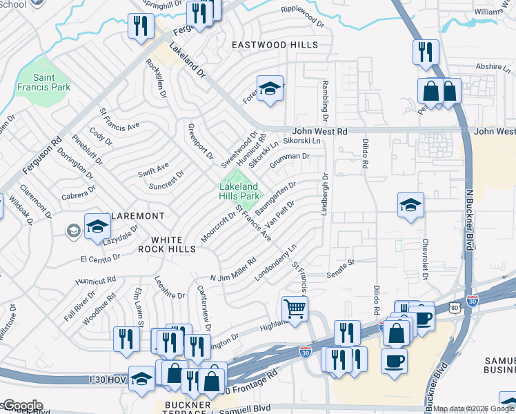 map of restaurants, bars, coffee shops, grocery stores, and more near 8509 Baumgarten Drive in Dallas