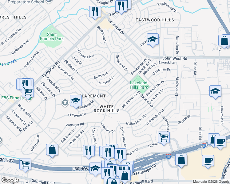 map of restaurants, bars, coffee shops, grocery stores, and more near 8428 Sweetwood Drive in Dallas