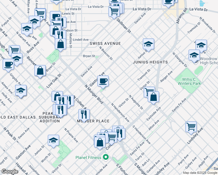 map of restaurants, bars, coffee shops, grocery stores, and more near 710 Dumas Street in Dallas